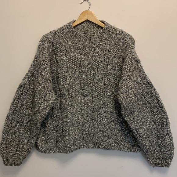 Hand Crafted Sweaters - HANDKNIT wool fisherman cable knit sweater crew neck long sleeves grey size XL